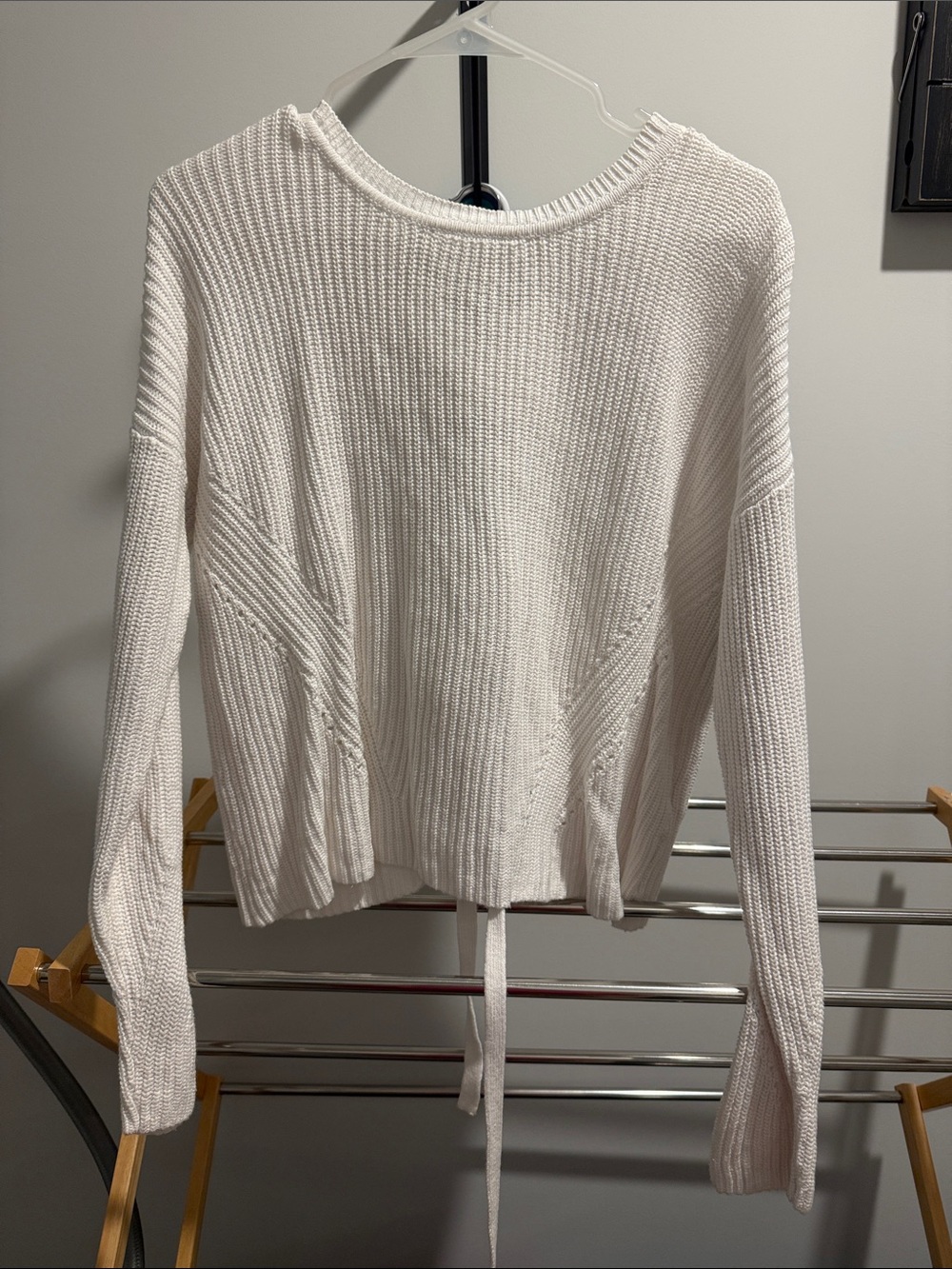 Lucky Brand Cream Ribbed Crewneck Sweater with Hem Tie